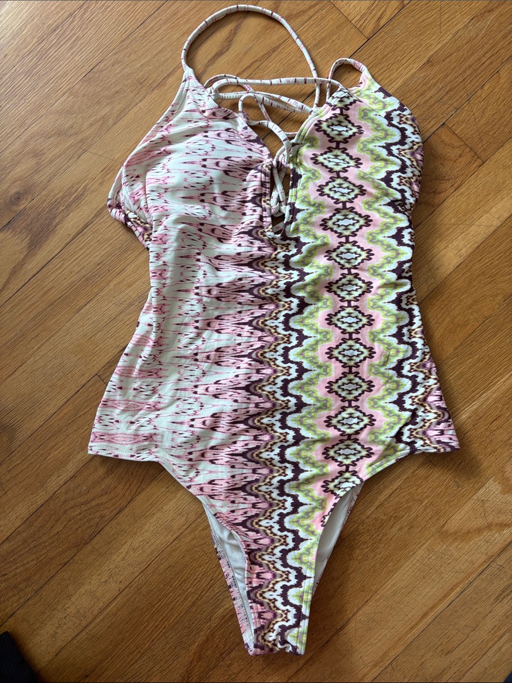 Pink and Green Printed One-Piece Swimsuit with Lace-Up Front